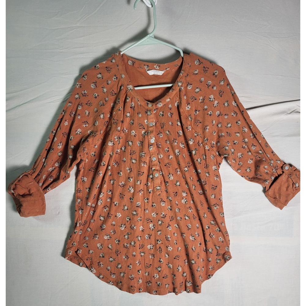 Lucky Brand Women's XL Floral Henley Top Orange Cotton 3/4 Roll Tab Sleeve Boho